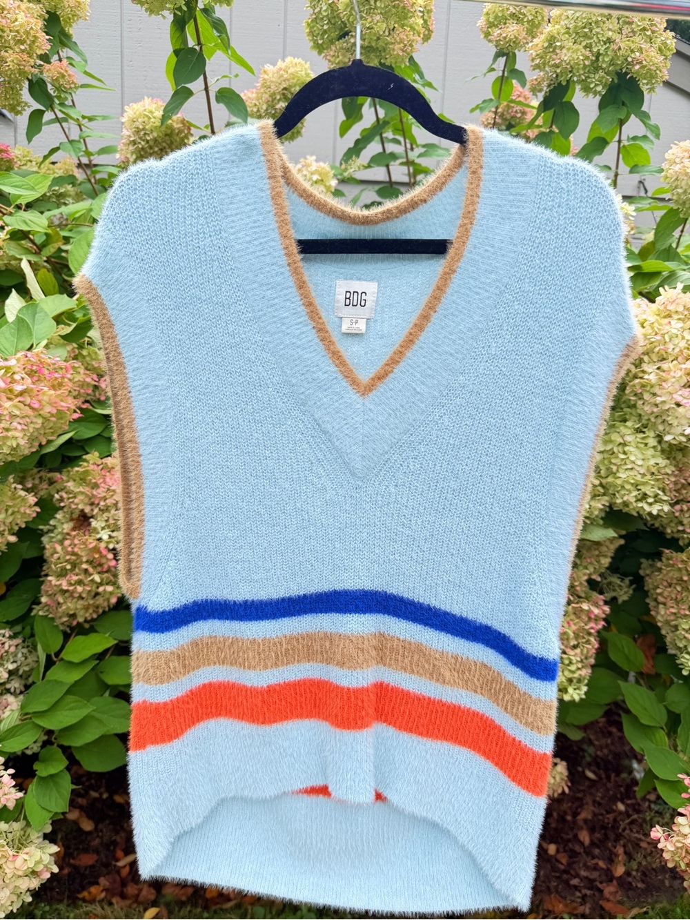 BDG Pale Blue V-Neck Striped Knit Vest with Orange & Blue Accents